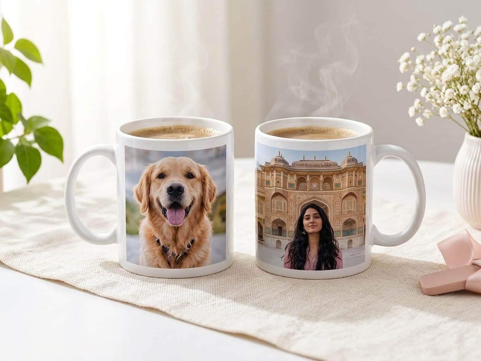 Two white ceramic mugs printed with custom photos side by side on a table