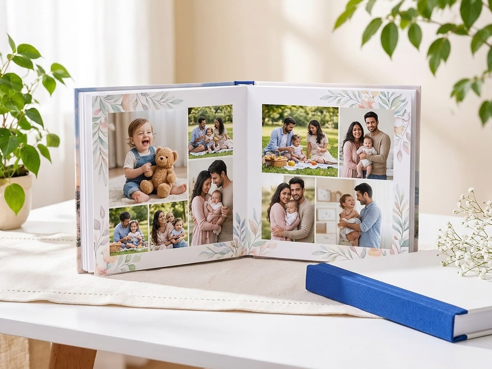 Open hardcover photo album showing a two-page family photo spread with a closed album beside it