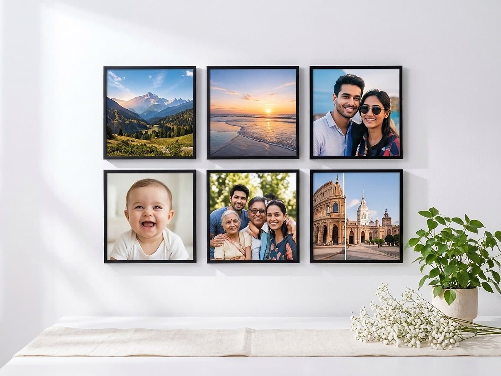 Six small square black-framed photo tiles arranged in a 3 by 2 grid on a white wall